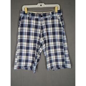 Paco Jeans Mens Plaid Cargo Shorts Size 34 Blue White Cotton Relaxed Fit